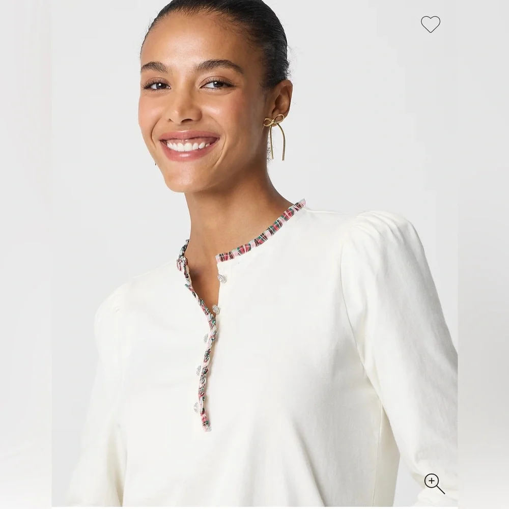 J.Crew Long-sleeve tartan and jewels henley in ivory - Picture 2 of 7